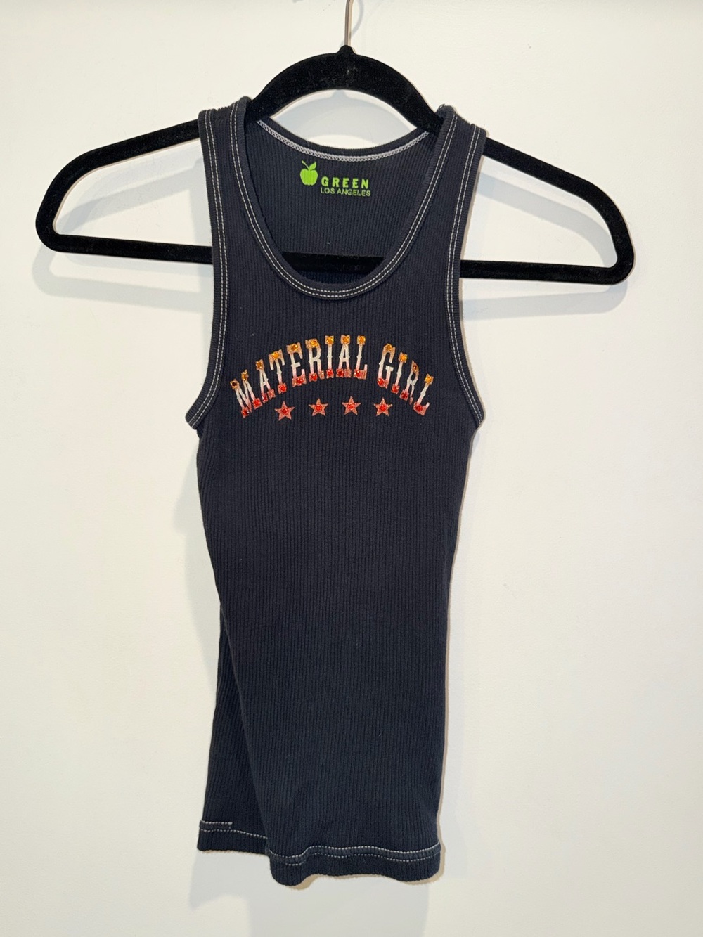 Green Los Angeles Black Ribbed Tank Top Material Girl Western Detail